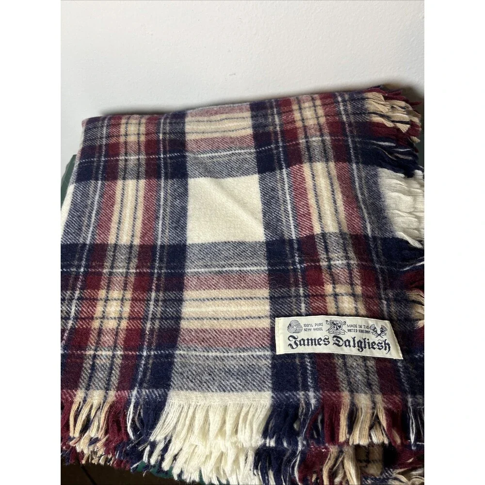 Vintage James Dalgliesh Burgundy Navy Blue Plaid 100% Wool Throw Blanket UK
